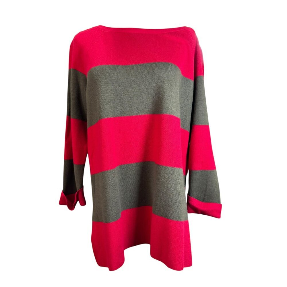 Talbots Woman 1X Red & Olive Green Wide Stripe Boatneck Sweater – Classic Knit